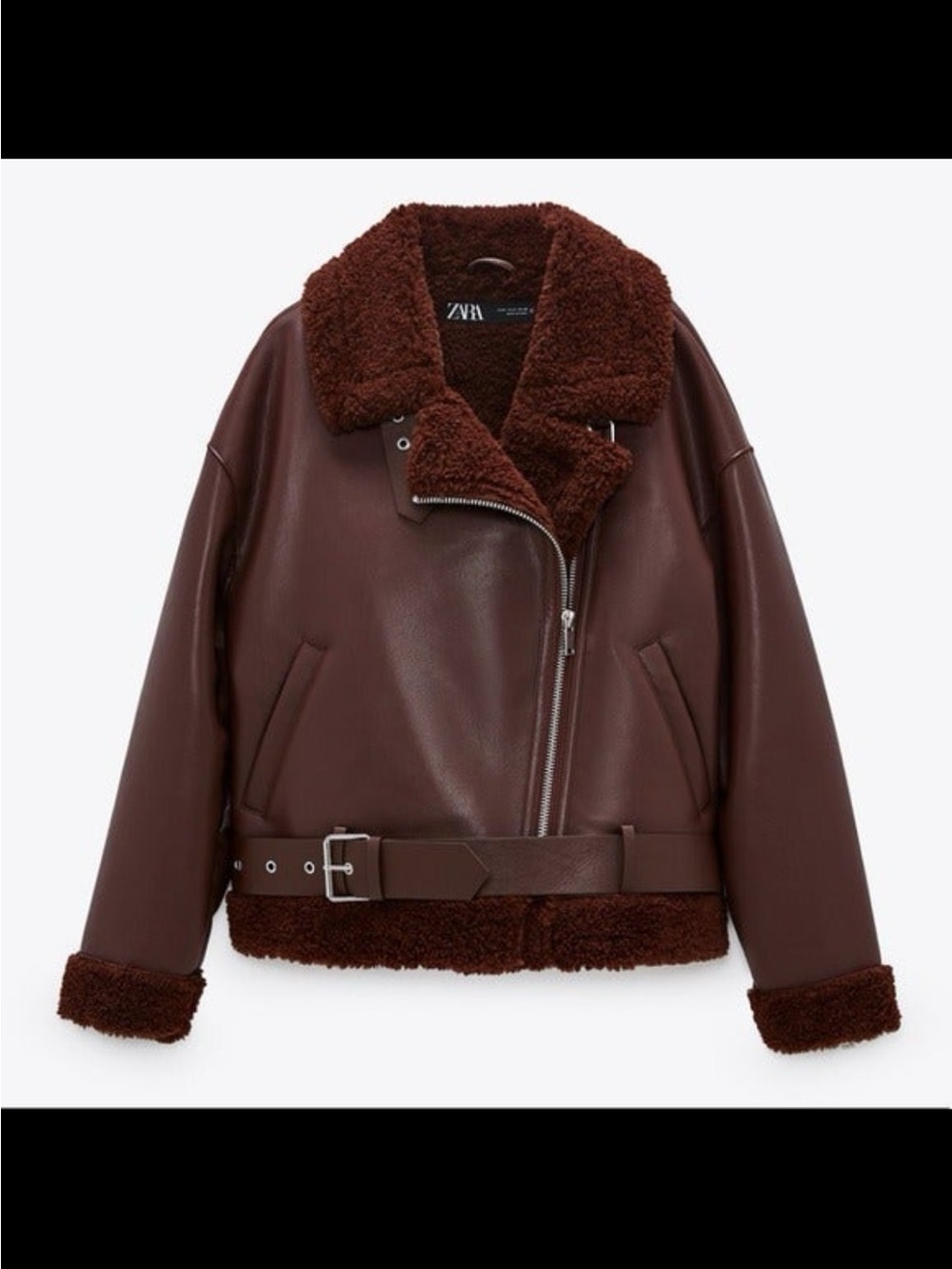 ZARA Women's Faux Leather & Fur Moto Biker Jacket Burgundy Wine Red XS